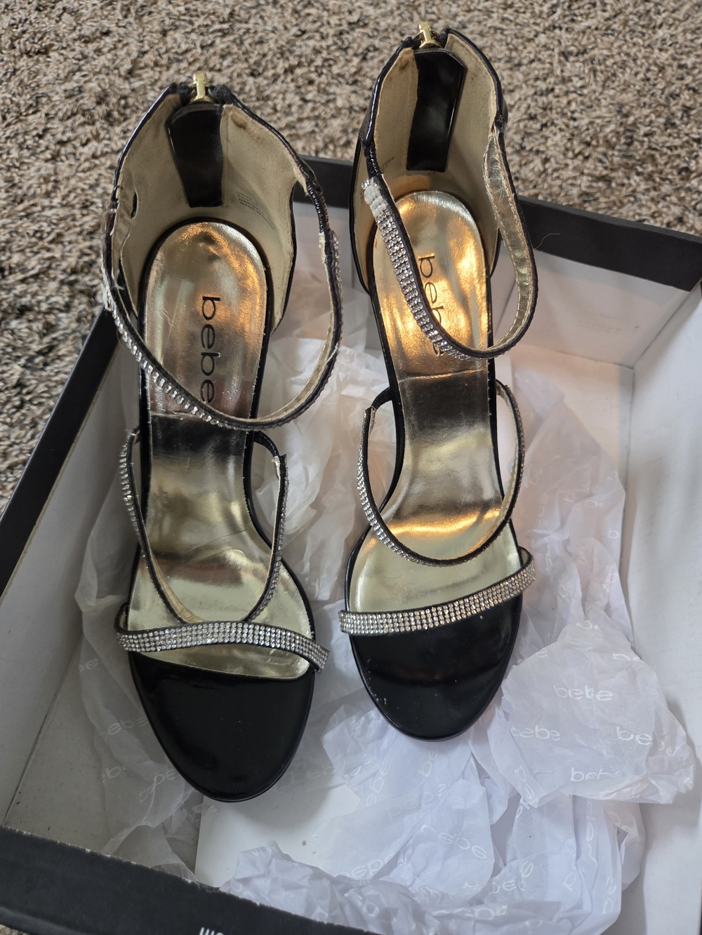 bebe Black Strappy Rhinestone High Heel Sandals - Picture 3 of 9